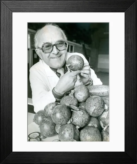 Framed Print : Gus Charlton with samples of his firms haggis which is made South of the Border in Framed Print : Gus Charlton with samples of his firms haggis which is made South of the Border in