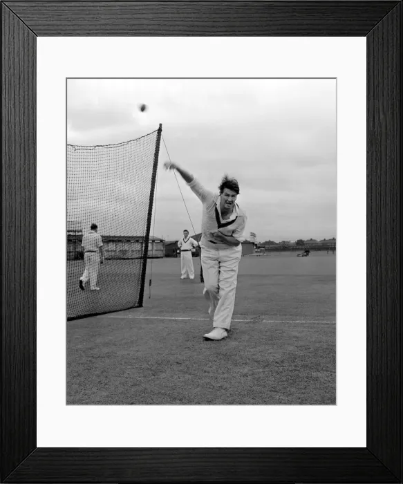Framed Print : The Ashes 1956. Australian cricketer Keith Miller in the nets at Old Trafford during Framed Print : The Ashes 1956. Australian cricketer Keith Miller in the nets at Old Trafford during