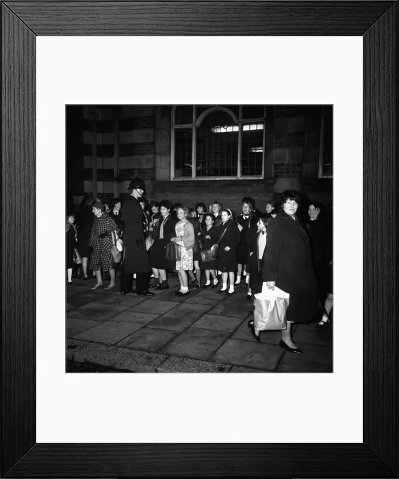 Framed Print : The Beatles play Wolverhampton. Fans queuing outside The Gaumont Cinema Framed Print : The Beatles play Wolverhampton. Fans queuing outside The Gaumont Cinema