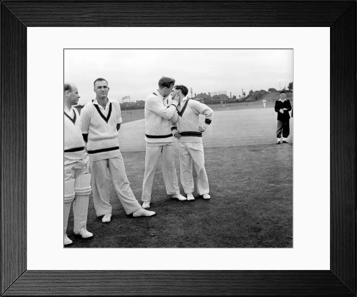 Framed Print : The Ashes 1956. Australian cricketers Richie Benaud and Neil Harvey at the nets at Old Framed Print : The Ashes 1956. Australian cricketers Richie Benaud and Neil Harvey at the nets at Old