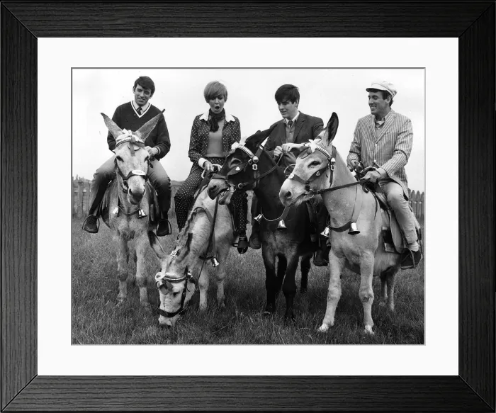 Framed Print : Cilla Black pop singer entertainer with The Bachelors 1966 riding on donkeys at Blackpool