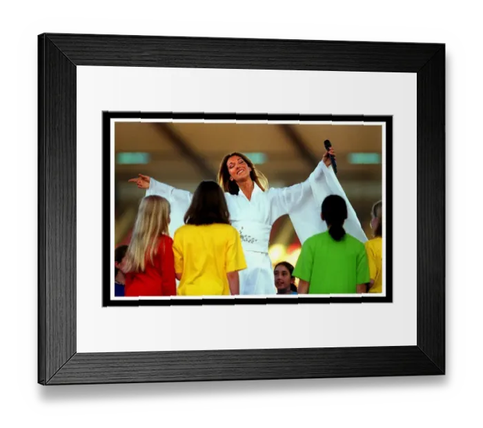 Framed Print : Celine Dion on stage at Murrayfield concert children on stage singing with her Framed Print : Celine Dion on stage at Murrayfield concert children on stage singing with her