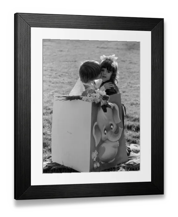 Framed Print : Valentines Day Card and Kiss Children Feb 1975 Joanne Valentine 3 holding flowers