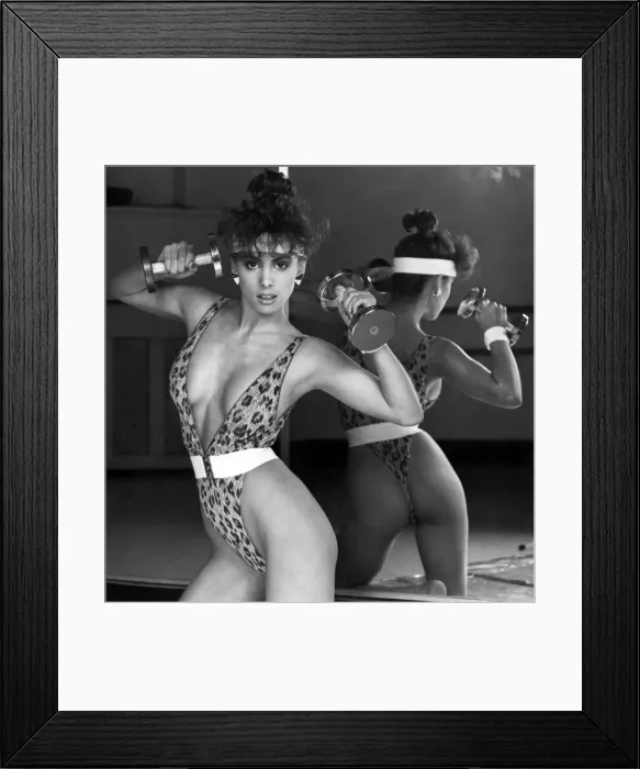 Framed Print : Leopardskin lace body stocking, elastic clip belt and headband. January 1987 P006276 Framed Print : Leopardskin lace body stocking, elastic clip belt and headband. January 1987 P006276