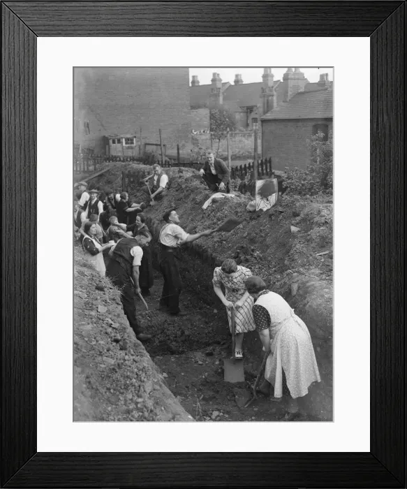 Framed Print : Eastenders seen here digging a trench for a communal air raid shelter in their back Framed Print : Eastenders seen here digging a trench for a communal air raid shelter in their back