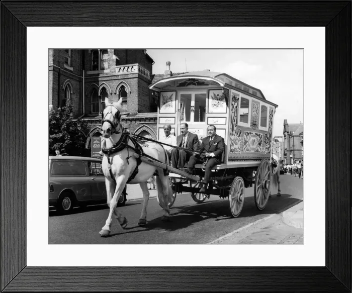 Framed Print : John Lennons gaily-painted gipsy caravan or its way to its new home Framed Print : John Lennons gaily-painted gipsy caravan or its way to its new home