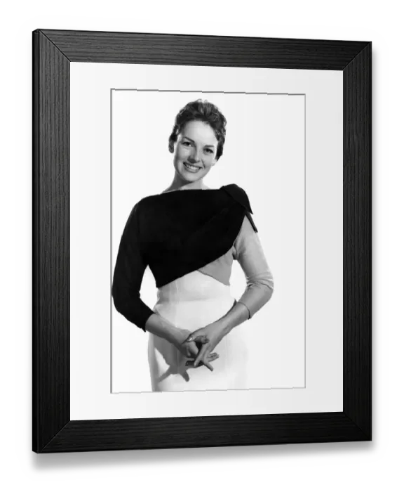 Framed Print : Reveille fashion. Diana Lovell modelling three tone dress. December 1959 P006964