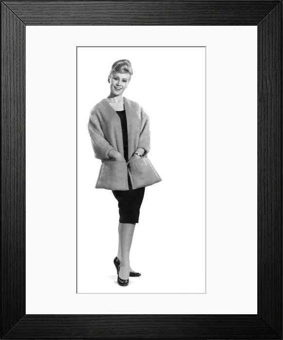 Framed Print : Clothing Fashion: Rita Royce modelling a Fine and Furry fur jacket over a black cocktail Framed Print : Clothing Fashion: Rita Royce modelling a Fine and Furry fur jacket over a black cocktail