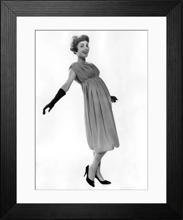 Framed Print : Clothing Fashions: Model wearing detailed belted evening dress Framed Print : Clothing Fashions: Model wearing detailed belted evening dress