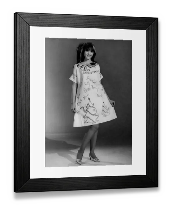 Framed Print : Reveille Fashions 1966: Joanne Young modelling christmas dress Framed Print : Reveille Fashions 1966: Joanne Young modelling christmas dress