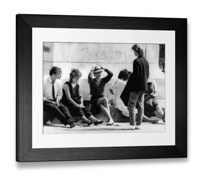 Framed Print : A group of teenagers gathering on a Newcastle Street have a chat and get together