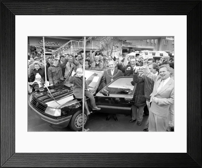 Framed Print : Coventry car workers took to the city centre to help the launch of the new Peugeot Talbot Framed Print : Coventry car workers took to the city centre to help the launch of the new Peugeot Talbot