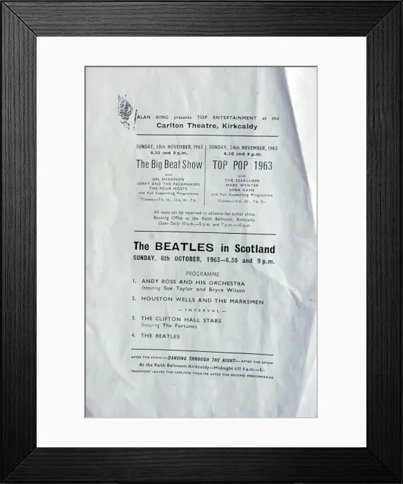 Framed Print : Leaflet showing the order of appearance for the Beatles gig at the Carlton Theatre in Framed Print : Leaflet showing the order of appearance for the Beatles gig at the Carlton Theatre in