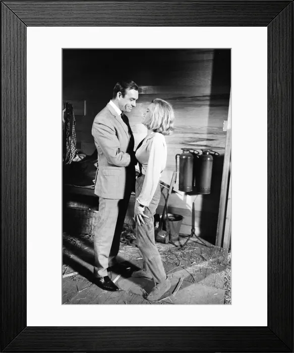 Framed Print : Honor Blackman as Pussy Galore and Sean Connery as James Bond seen here filming a fight Framed Print : Honor Blackman as Pussy Galore and Sean Connery as James Bond seen here filming a fight