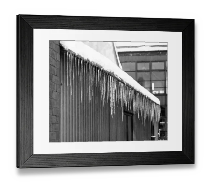 Framed Print : Icicles hanging from a shed room in February 1953