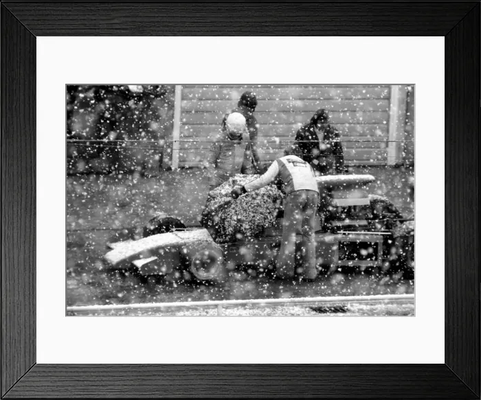 Framed Print : Motorsport: Weather: Brands Hatch. A snow storm hit Brands Hatch today just as the motor Framed Print : Motorsport: Weather: Brands Hatch. A snow storm hit Brands Hatch today just as the motor