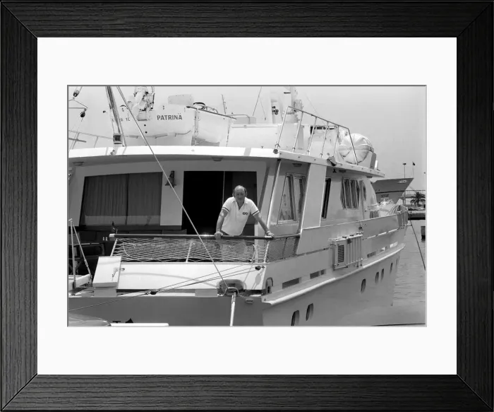 Framed Print : Freddie Laker: Entrepreneur with his motor cruiser in Majorca. July 1981 81-03733a-008 Framed Print : Freddie Laker: Entrepreneur with his motor cruiser in Majorca. July 1981 81-03733a-008