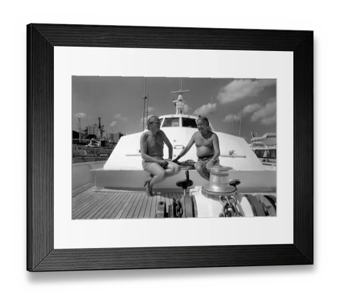 Framed Print : Freddie Laker: Entrepreneur with his motor cruiser in Majorca. July 1981 81-03733a-031