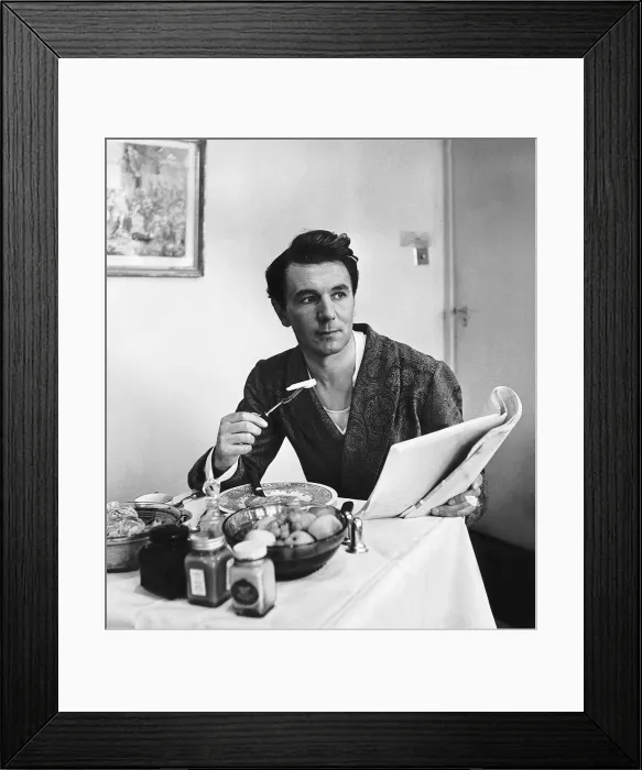 Framed Print : Michael Redgrave actor lunching in his dressing room during a break from filming the Two Framed Print : Michael Redgrave actor lunching in his dressing room during a break from filming the Two