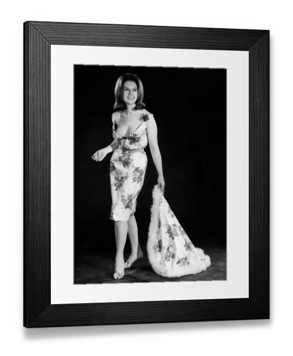 Framed Print : Reveille Fashions 1964: Jacqueline Waller modeling low cut dress with christmas motif Framed Print : Reveille Fashions 1964: Jacqueline Waller modeling low cut dress with christmas motif