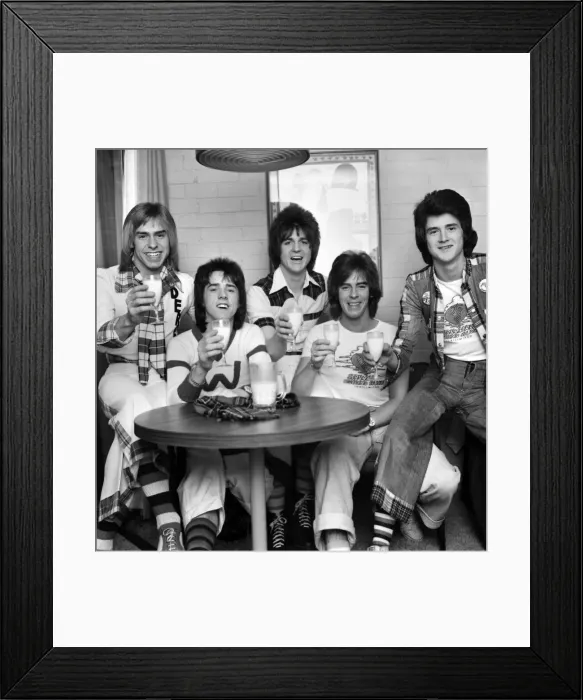 Framed Print : Bay City Rollers (Non-Drinkers) toast their success with milk. L. to R Framed Print : Bay City Rollers (Non-Drinkers) toast their success with milk. L. to R