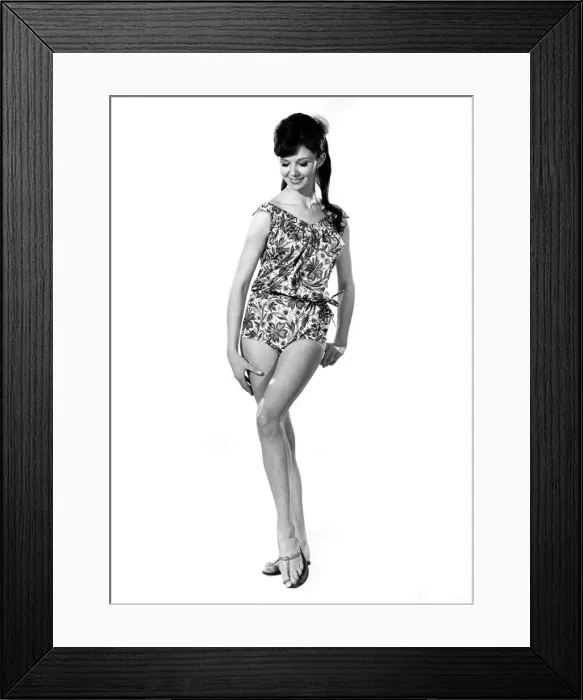 Framed Print : Reveille Fashions 1964: Meriel Weston modeling silk beach suit consisting of a leaf