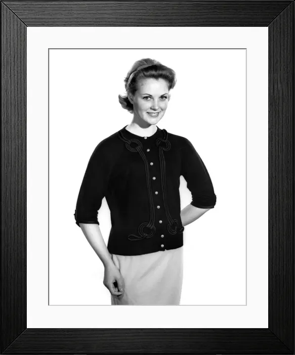 Framed Print : Clothing Fashion: Roma Reeves modeling cardigan. August 1961 P007561 Framed Print : Clothing Fashion: Roma Reeves modeling cardigan. August 1961 P007561