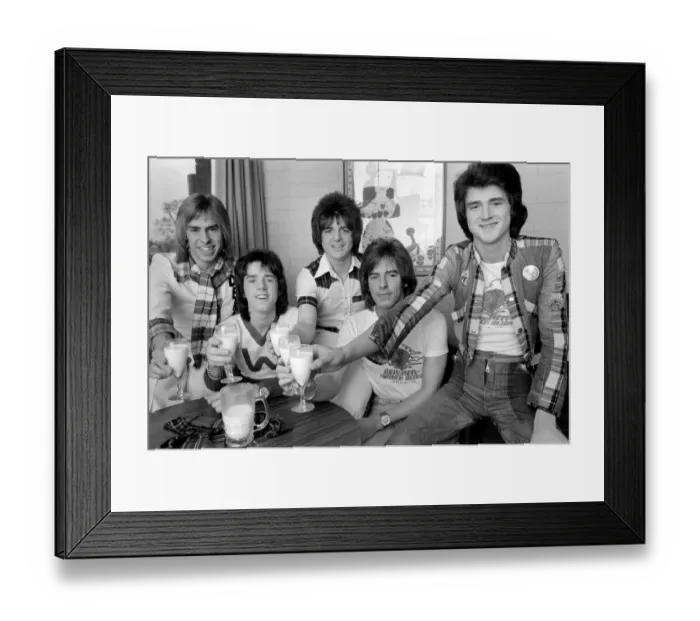 Framed Print : Bay City Rollers (Non-Drinkers) toast their success with milk. L. to R Framed Print : Bay City Rollers (Non-Drinkers) toast their success with milk. L. to R