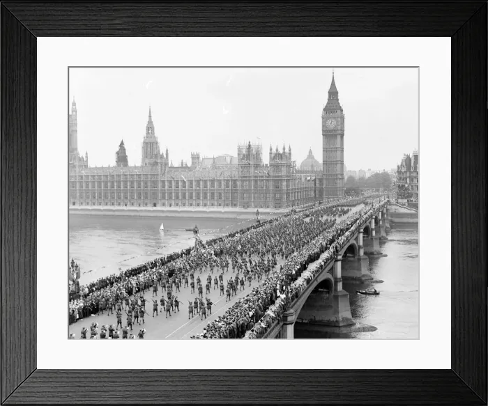 Framed Print : London victory march. Passing over Westminster Bridge with the Houses of Parliament in