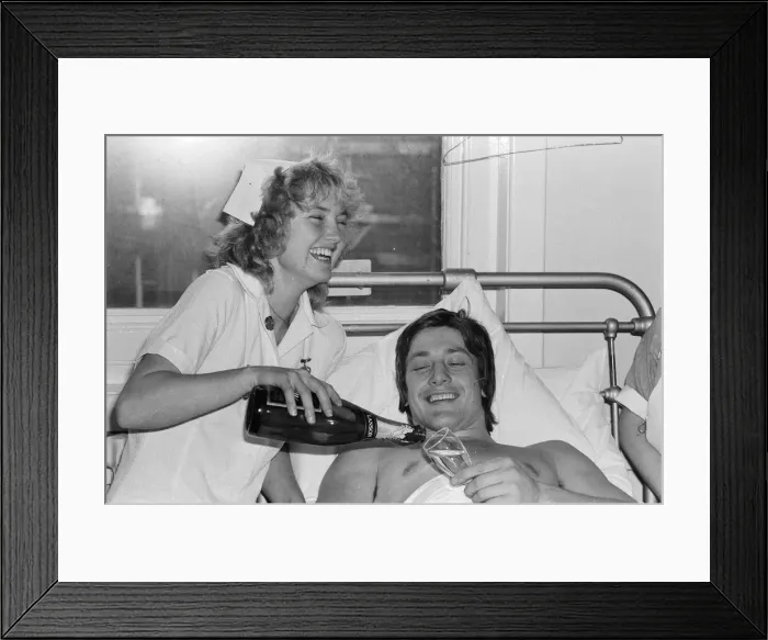 Framed Print : Injured English rugby player Tony Bond, with a broken leg in hospital Framed Print : Injured English rugby player Tony Bond, with a broken leg in hospital