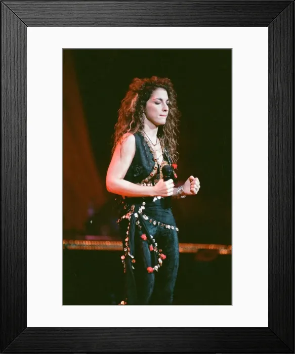 Framed Print : Pop singer Gloria Estefan performing on stage during a concert in Britain 24th Framed Print : Pop singer Gloria Estefan performing on stage during a concert in Britain 24th