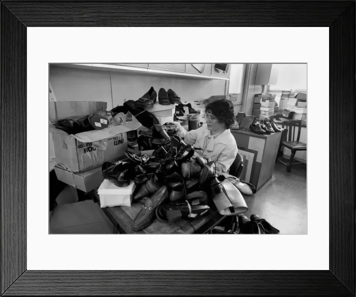 Framed Print : The Shoe Tester: Mrs. Isobel Bingham is a Shoe Inspector employed by the Footwear Testing Framed Print : The Shoe Tester: Mrs. Isobel Bingham is a Shoe Inspector employed by the Footwear Testing