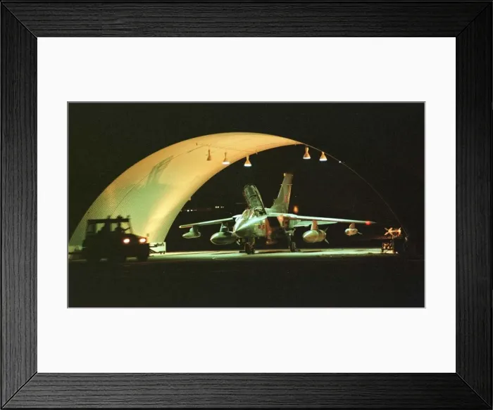 Framed Print : An RAF Tornado GR1 jet being prepared for battle in the hangar at Ali Al Salem Air Base