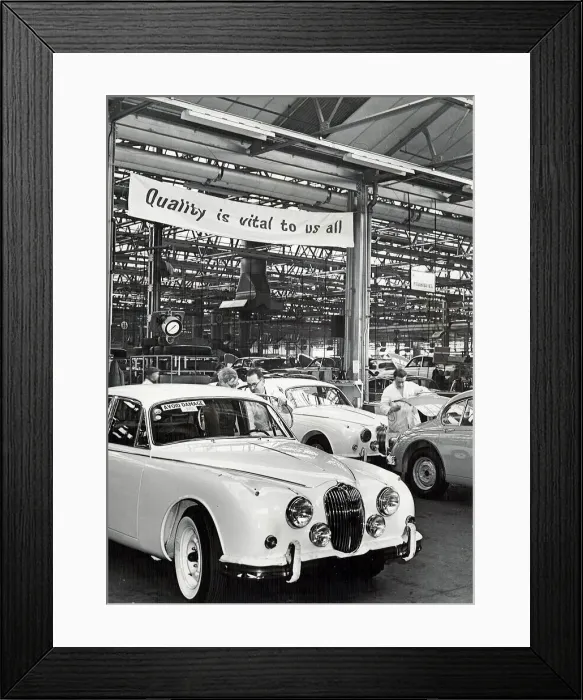 Framed Print : Jaguar Cars factory, Browns Lane, Coventry. The banner above the track reads Framed Print : Jaguar Cars factory, Browns Lane, Coventry. The banner above the track reads