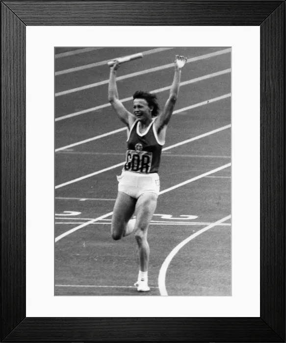 Framed Print : Olympic Games 1976 A delighted Christina Brehmer signals a win for East Germany in Framed Print : Olympic Games 1976 A delighted Christina Brehmer signals a win for East Germany in