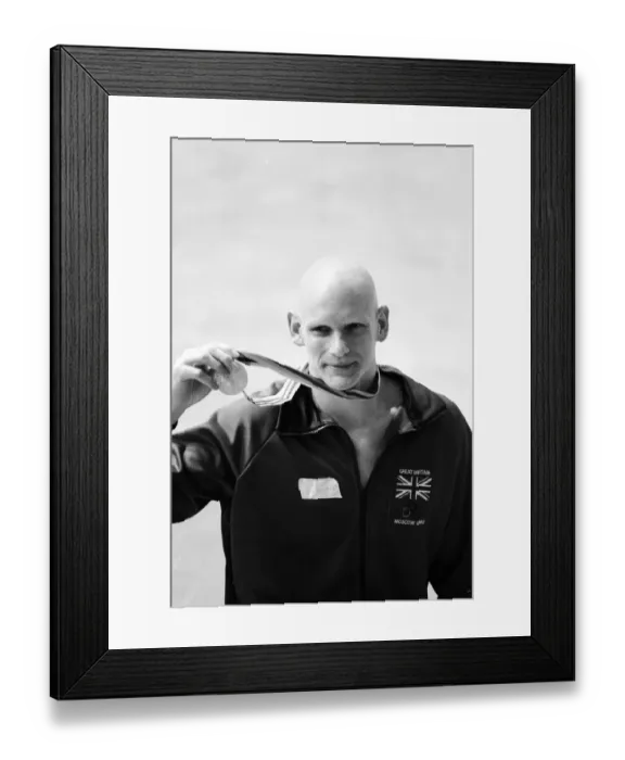 Framed Print : Duncan Goodhew swimmer takes part in medal ceremony after winning gold medal in Men