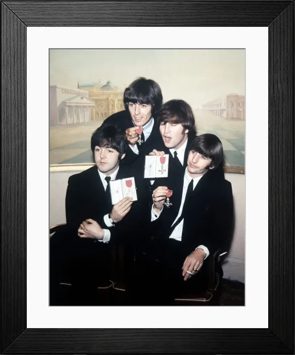 Framed Print : The Beatles pose with their MBEs at a press conference held at the Saville Theatre Framed Print : The Beatles pose with their MBEs at a press conference held at the Saville Theatre