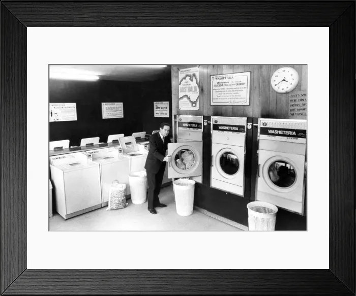 Framed Print : A typical laundry in February 1970. The Washeteria at Boston Court Framed Print : A typical laundry in February 1970. The Washeteria at Boston Court
