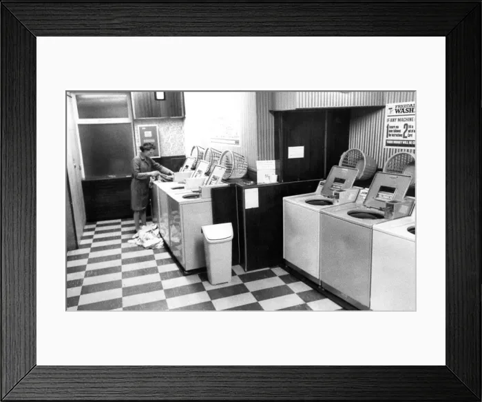 Framed Print : A typical laundry in January 1970. The Washeteria self service laundry