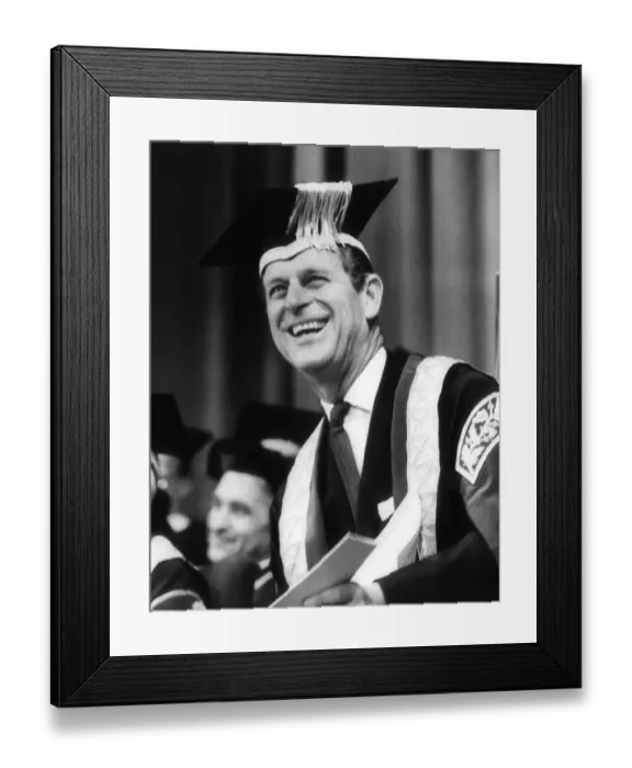 Framed Print : Prince Phillip wearing the robe containing golden symbols depicting Science