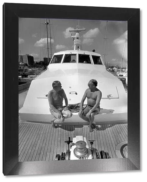 Freddie Laker: Entrepreneur with his motor cruiser in Majorca. July 1981 81-03733a-034
