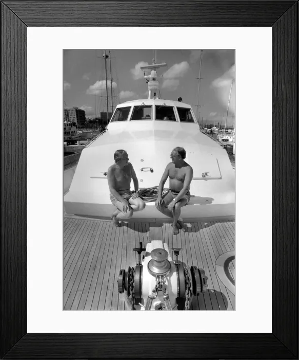 Framed Print : Freddie Laker: Entrepreneur with his motor cruiser in Majorca. July 1981 81-03733a-034 Framed Print : Freddie Laker: Entrepreneur with his motor cruiser in Majorca. July 1981 81-03733a-034