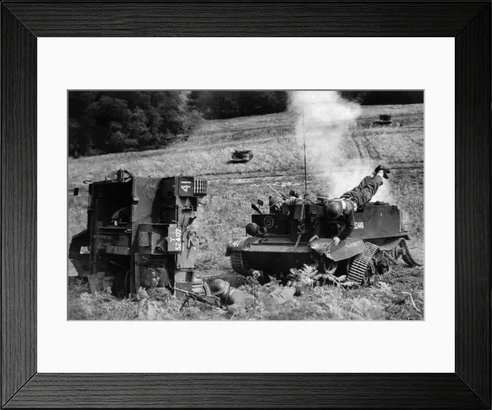 Framed Print : Two Bren Carrier reconnaissance vehicle appear to have lost their tracks in this army Framed Print : Two Bren Carrier reconnaissance vehicle appear to have lost their tracks in this army