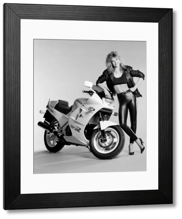 Framed Print : Corrinne Russell glamour model with motorbike. 22nd April 1986 Framed Print : Corrinne Russell glamour model with motorbike. 22nd April 1986