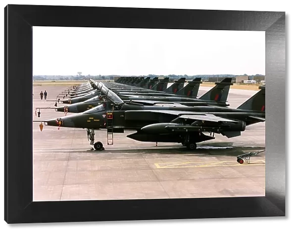 Sepecat Jaguar GR1 aircraft of the Royal Air Force seen here lined up on the apron at RAF