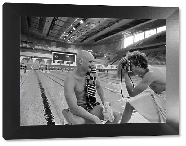 British swimmer Duncan Goodhew poses for pictures by the Olympic Swimming Pool in Moscow