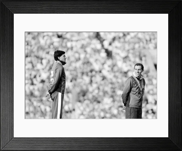 Framed Print : Sebastian Coe stands on podium during medal ceremony after Mens 1500 metres final Framed Print : Sebastian Coe stands on podium during medal ceremony after Mens 1500 metres final