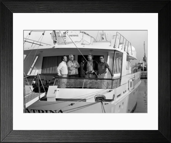 Framed Print : Freddie Laker: Entrepreneur with his motor cruiser in Majorca. July 1981 81-03733a-024 Framed Print : Freddie Laker: Entrepreneur with his motor cruiser in Majorca. July 1981 81-03733a-024