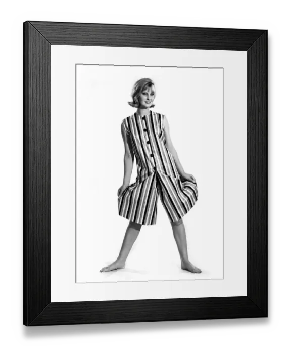 Framed Print : Reveille Fashions: Dawn Chapman modeling a matching stripe sleeveless shirt and shorts