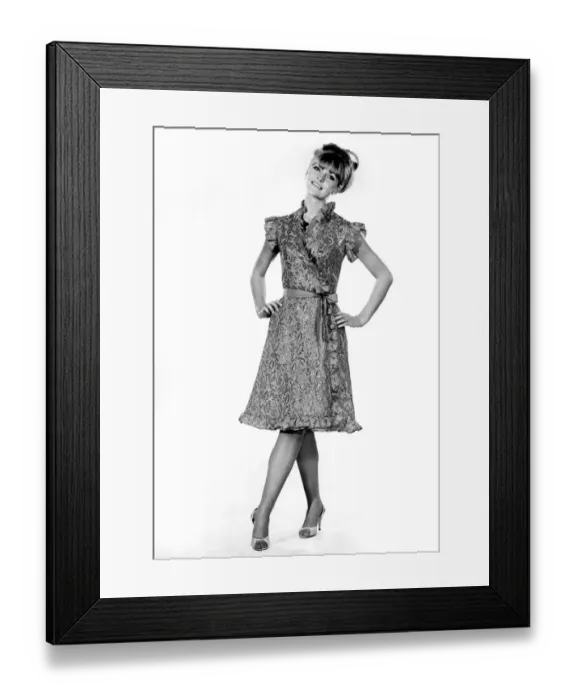 Framed Print : Reveille Fashions: Ann Roberts modeling a leaf pattern dress with matching belt